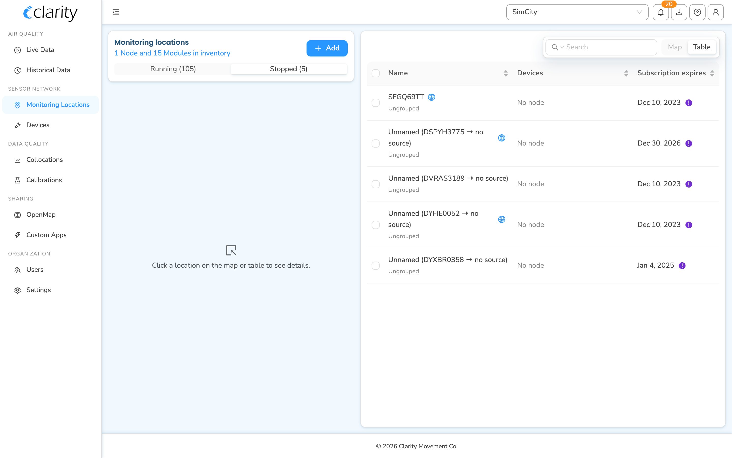 Monitoring Locations with the Stopped filter selected: archived locations with no node, and the Map toggle greyed out.