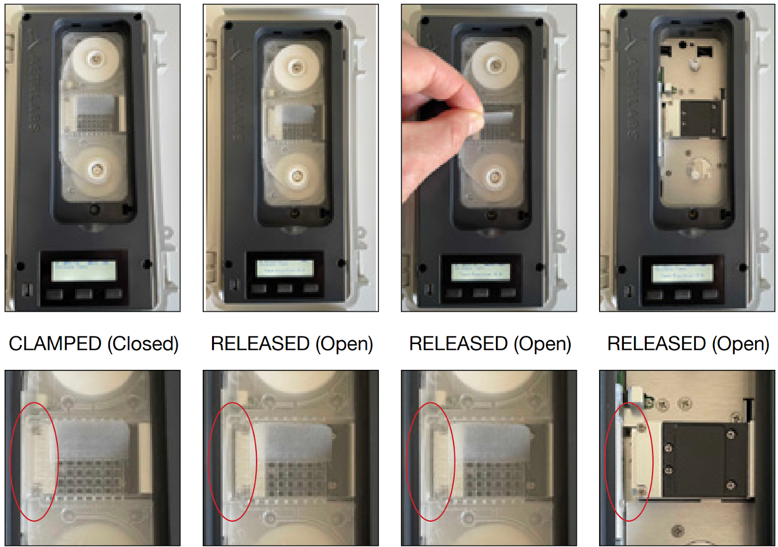 Filter tape cartridge removal sequence, optical head circled in red