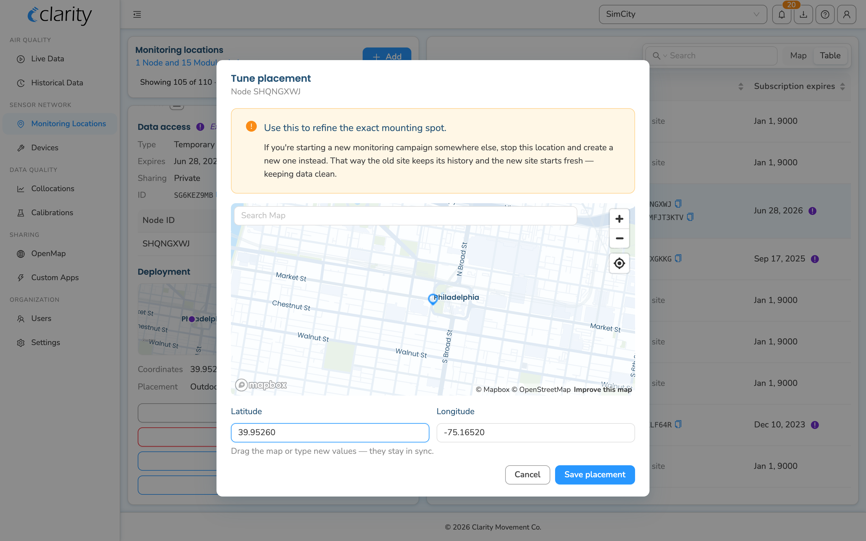 The "Tune placement" modal — refine the exact mounting lat/lon on a map