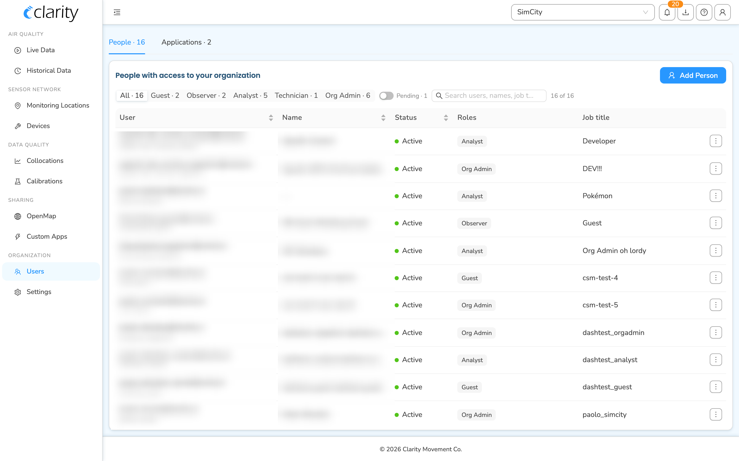 Users page on the People tab, showing the roster with role filters, Status column, and the per-row actions menu
