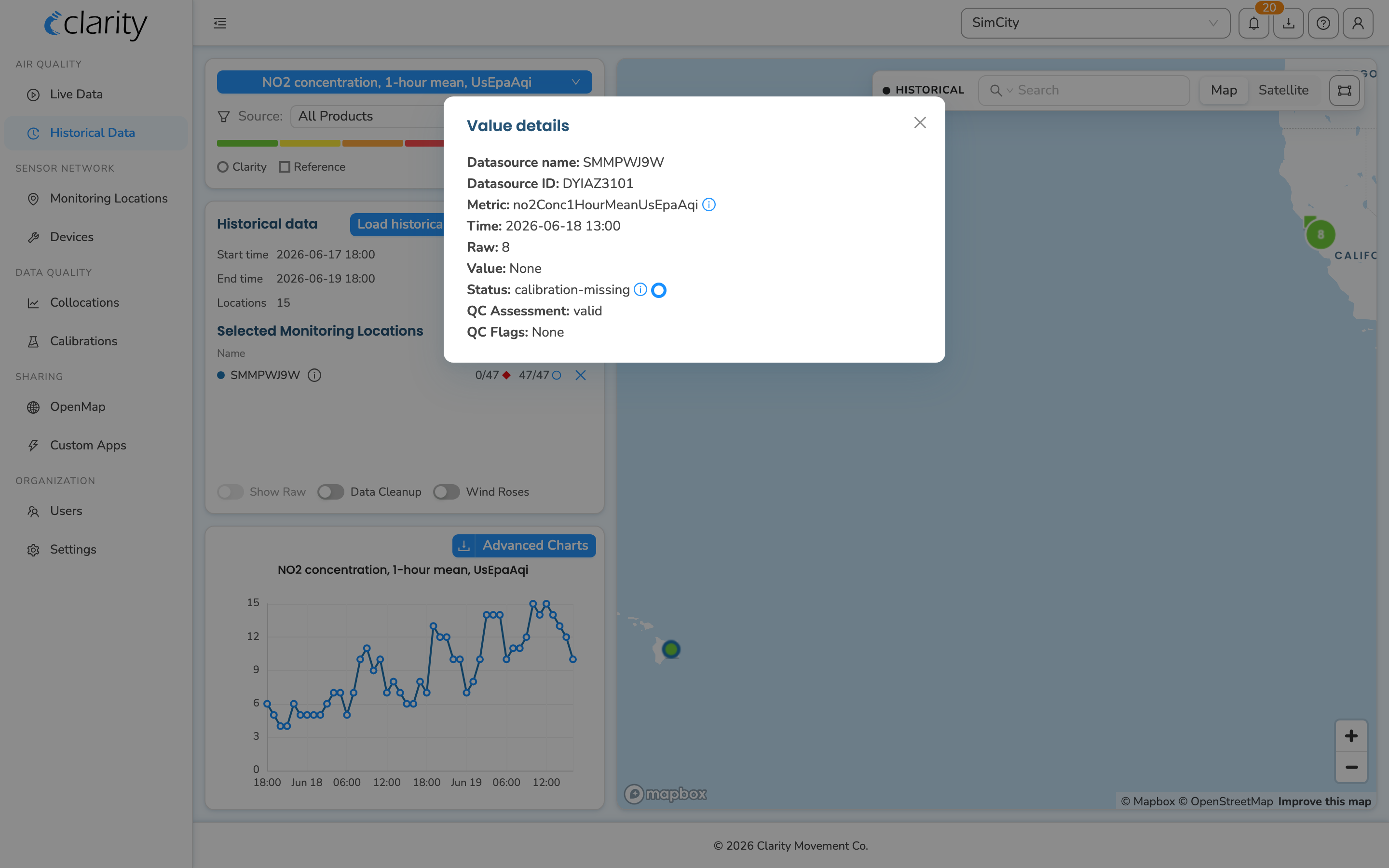 Historical Data with a measurement chart loaded and the Value Details popup showing Status, QC assessment, and QC Flags