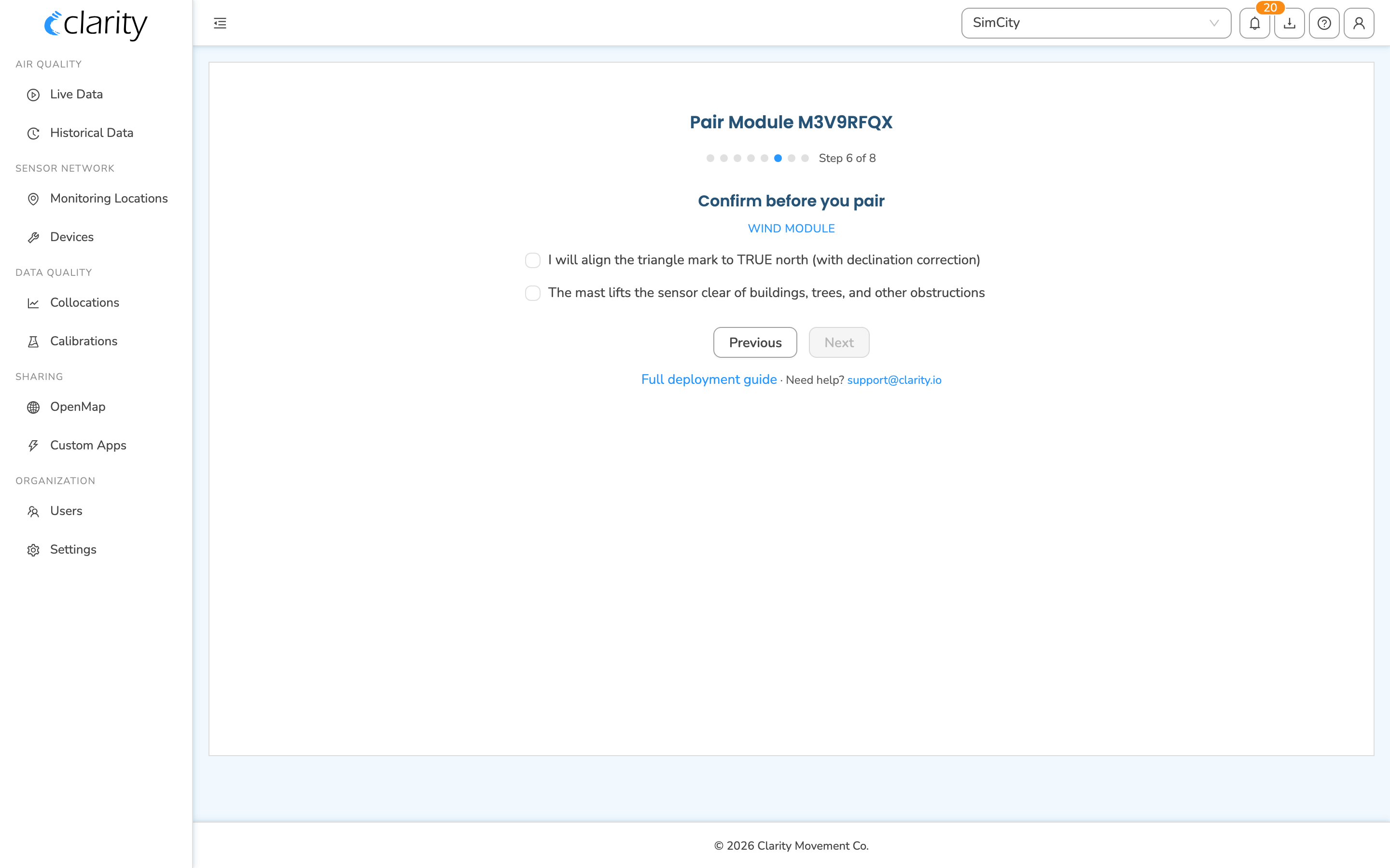 Pair Module wizard — "Confirm before you pair" Wind checklist with the two confirmation items