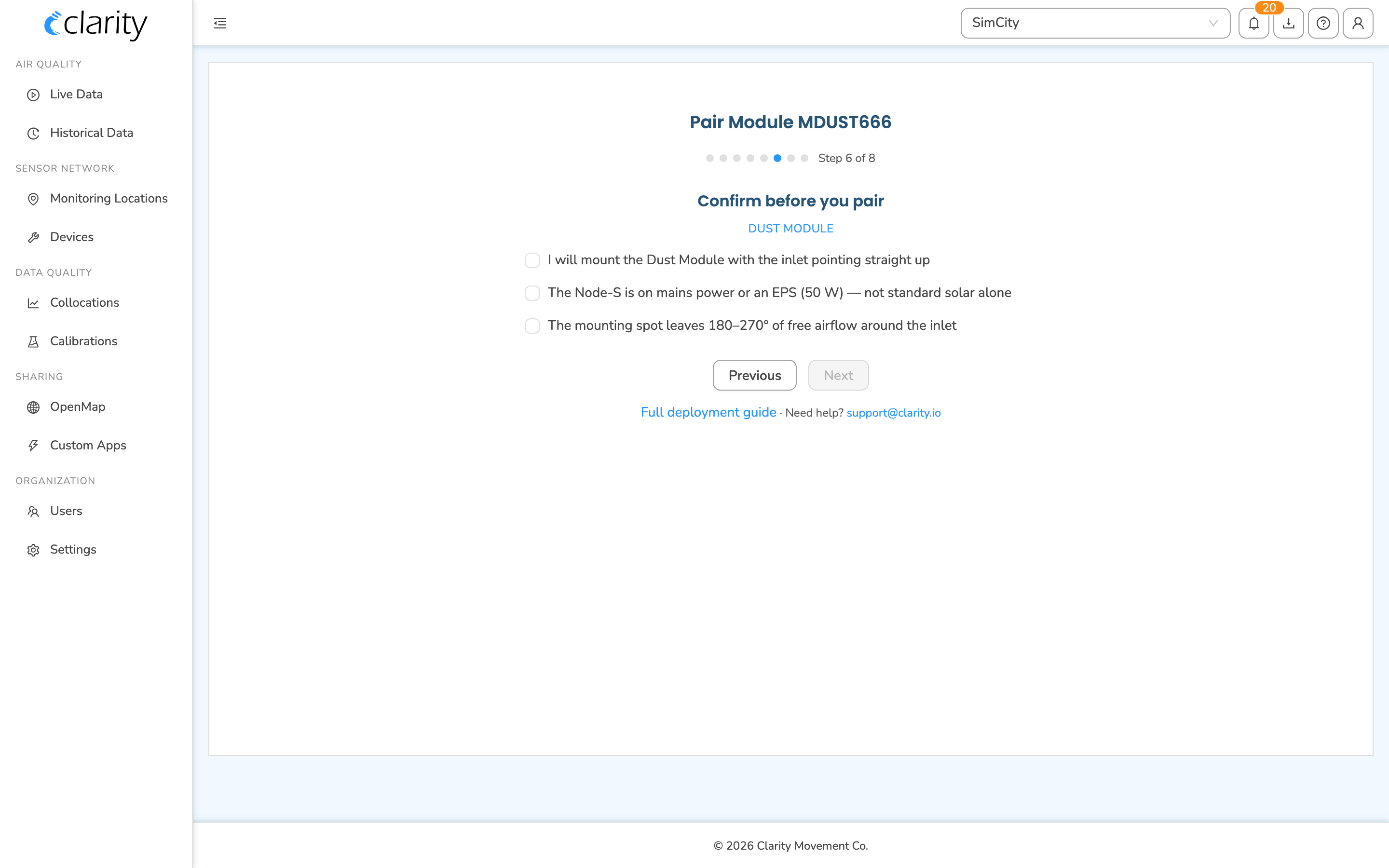 Wizard "Confirm before you pair" checklist for the Dust module with Next disabled until all three items are checked