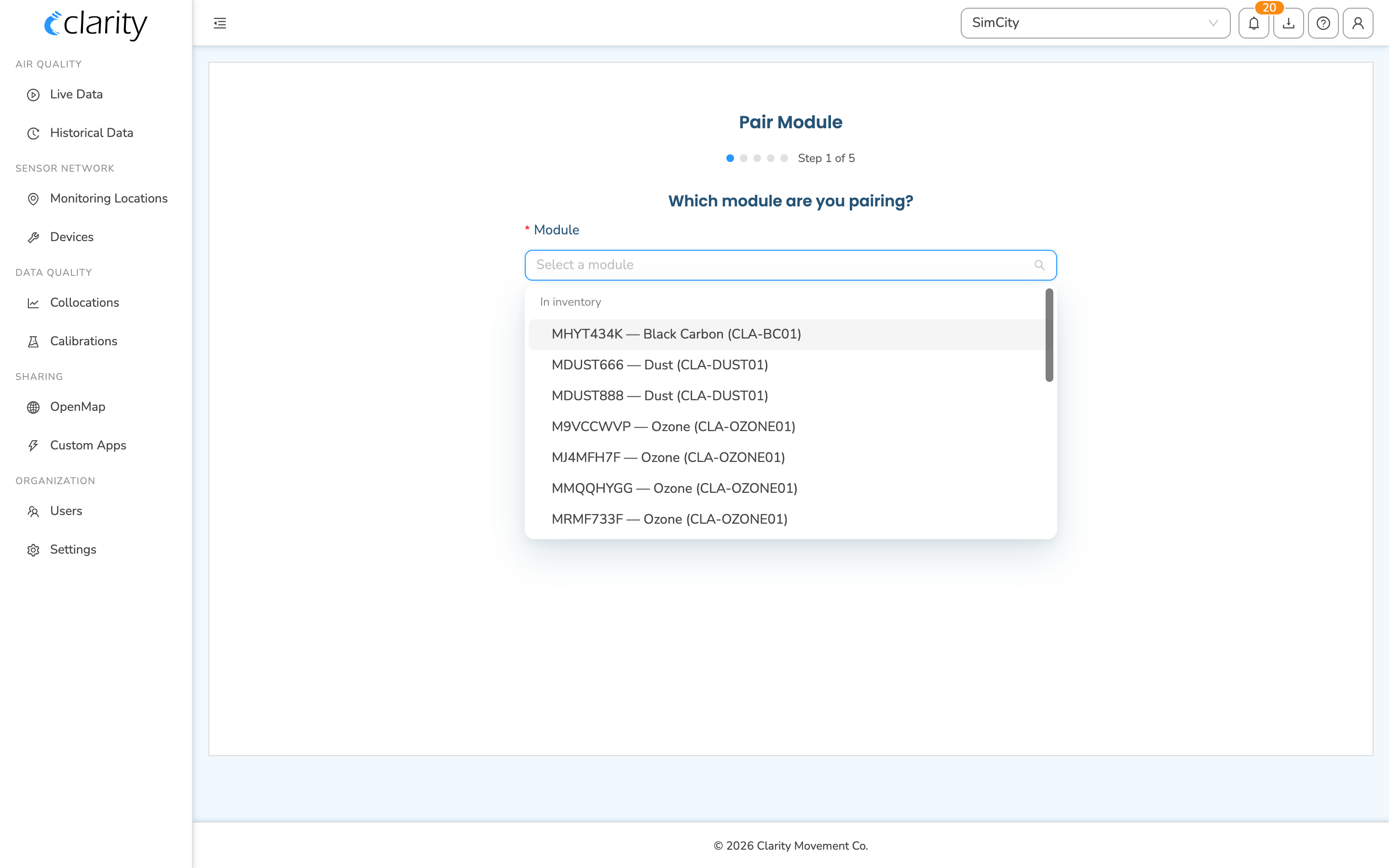 Pair module wizard, choosing the module from the grouped Module dropdown