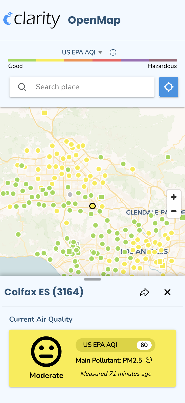 OpenMap with a location selected, showing its current US EPA AQI and main pollutant