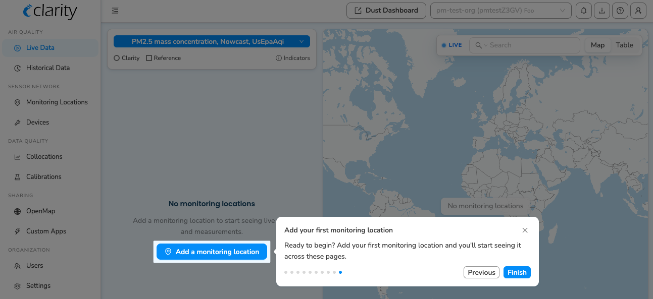 Guided-tour step: add your first monitoring location