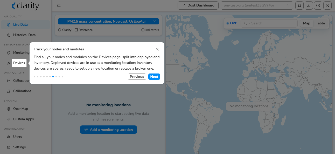 Guided-tour step: track your nodes and modules on Devices