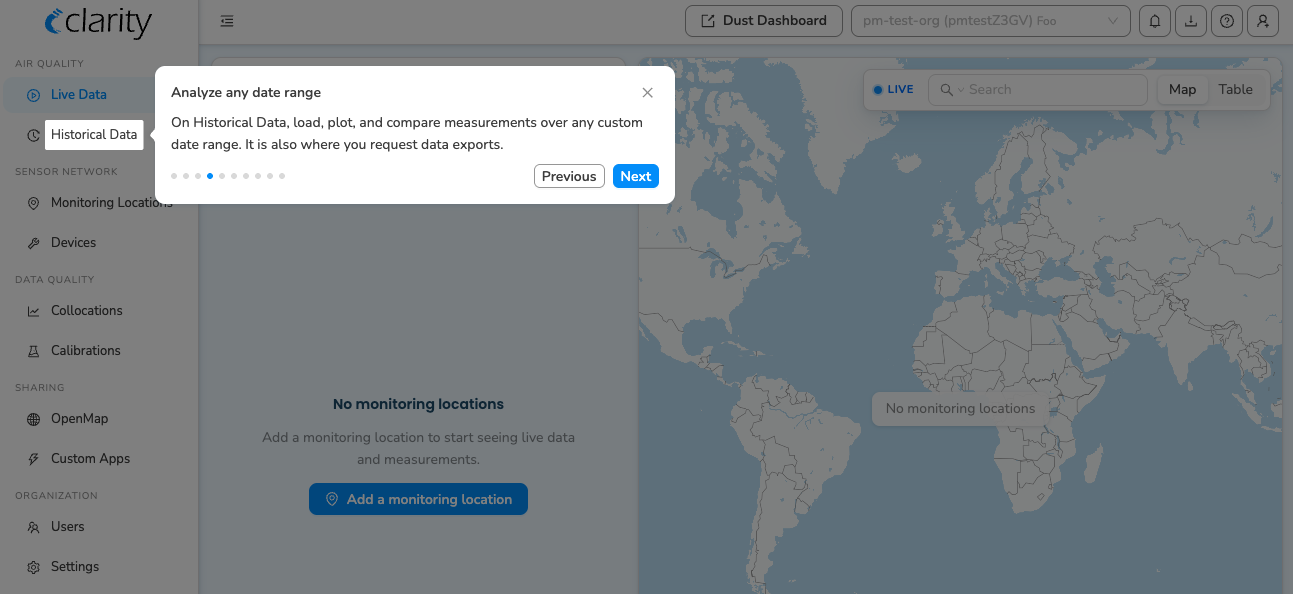 Guided-tour step: Historical Data — analyze any date range
