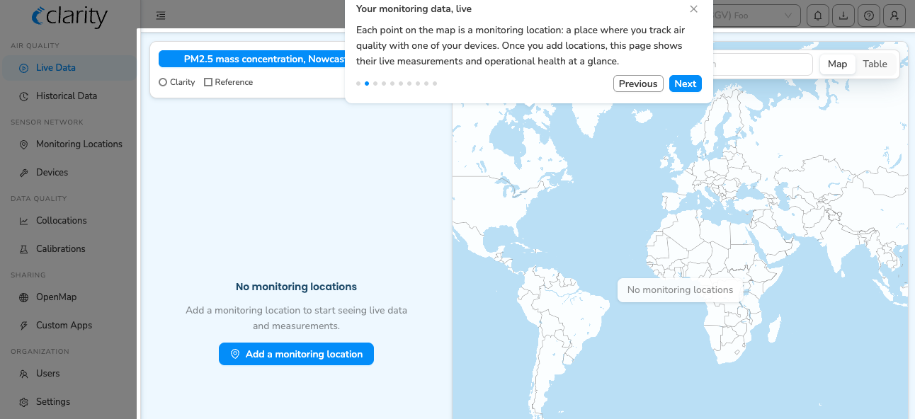Guided-tour step: Live Data — your monitoring data, live
