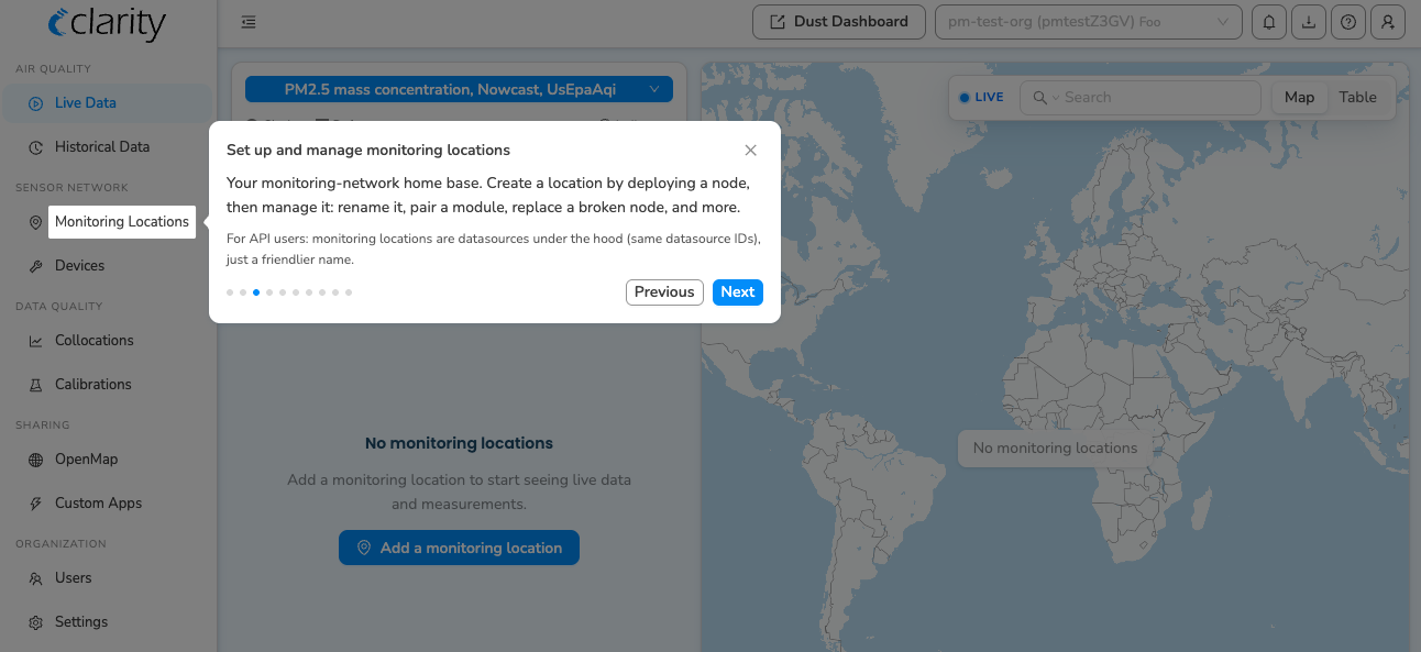 Guided-tour step: set up and manage monitoring locations